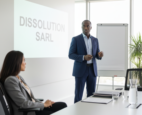 Un homme et une femme dans une salle de reunion décident de la dissolution de la SARL