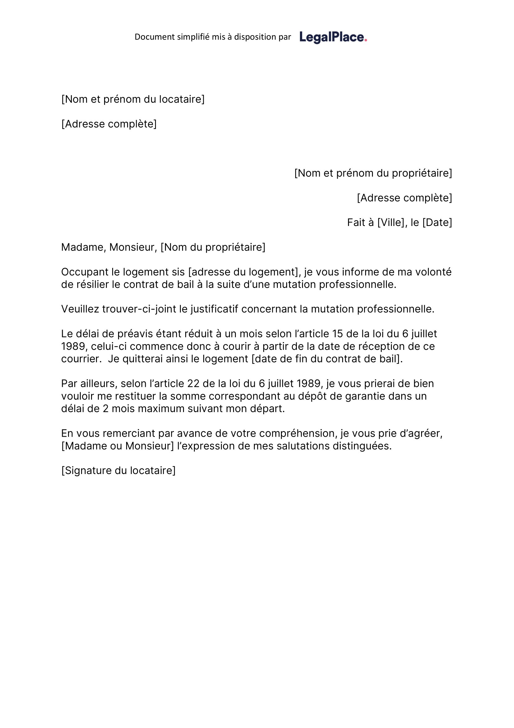 Modèle de lettre de résiliation de bail pour mutation professionnelle