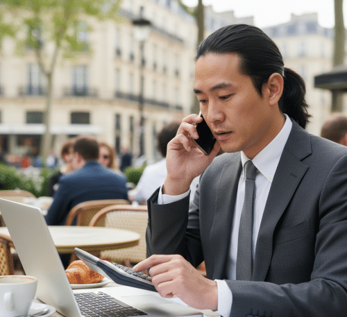 Un homme est en train de réaliser des calculs à la terrasse d'un café pour choisir son mode de rémunération en tant que géant. 