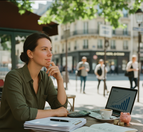 Femme qui se demade quoi choisir entre la SA et la SARL à la terrasse d'un café 