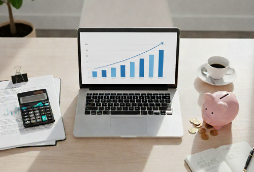 Ordinateur sur un bureau avec graphique sur l'écran, et à côté une calculette et une tirelire