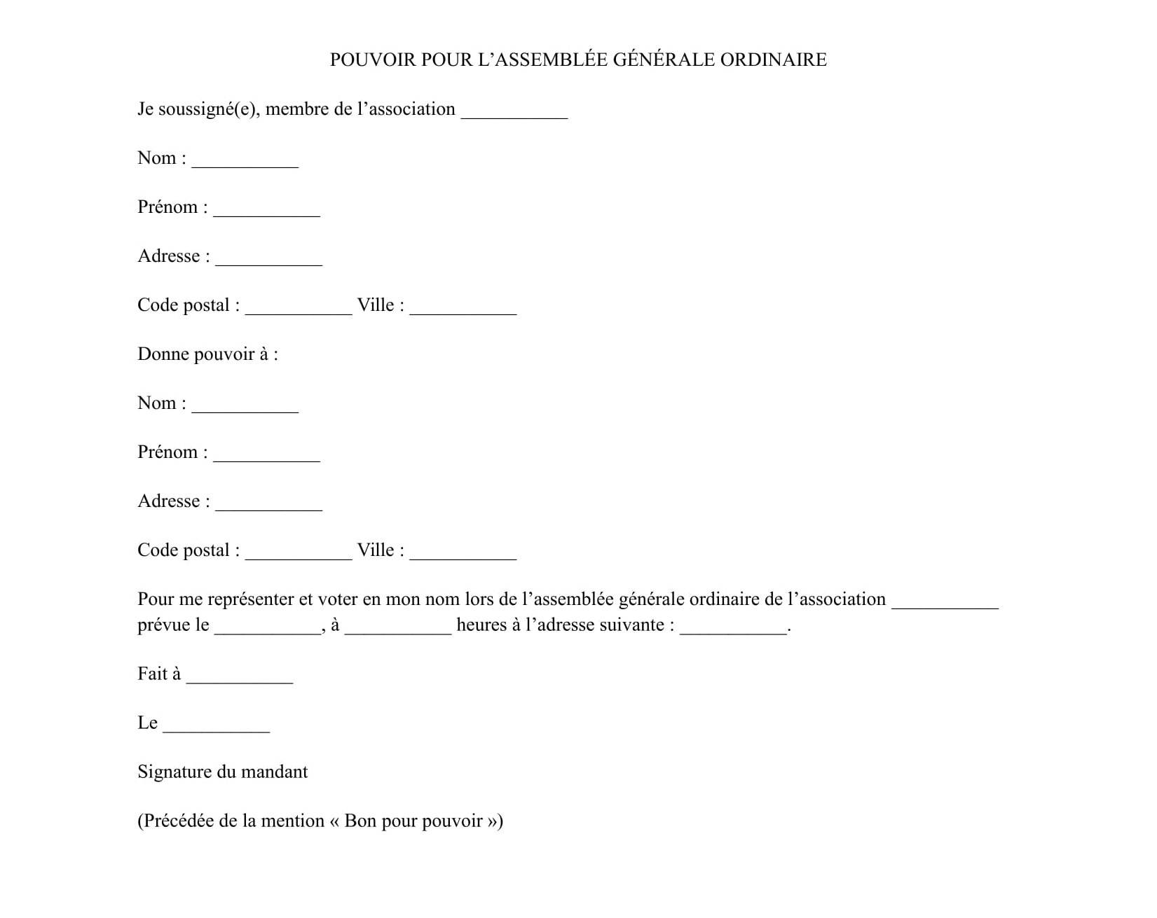 Modèle de pouvoir pour l'assemblée ordinaire d'une association