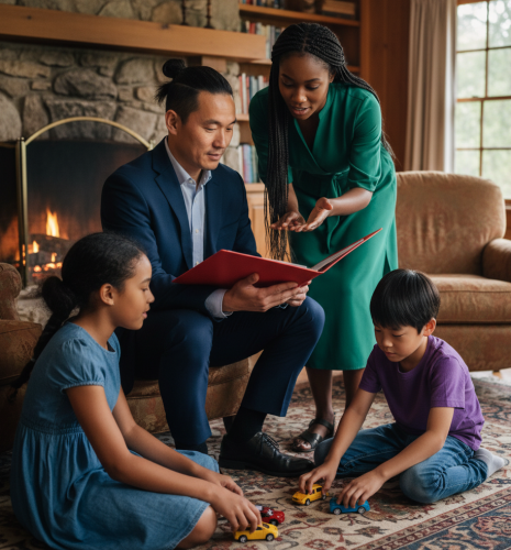 SCI familiale, une famille se penche sur un dossier pour choisir ce statut.