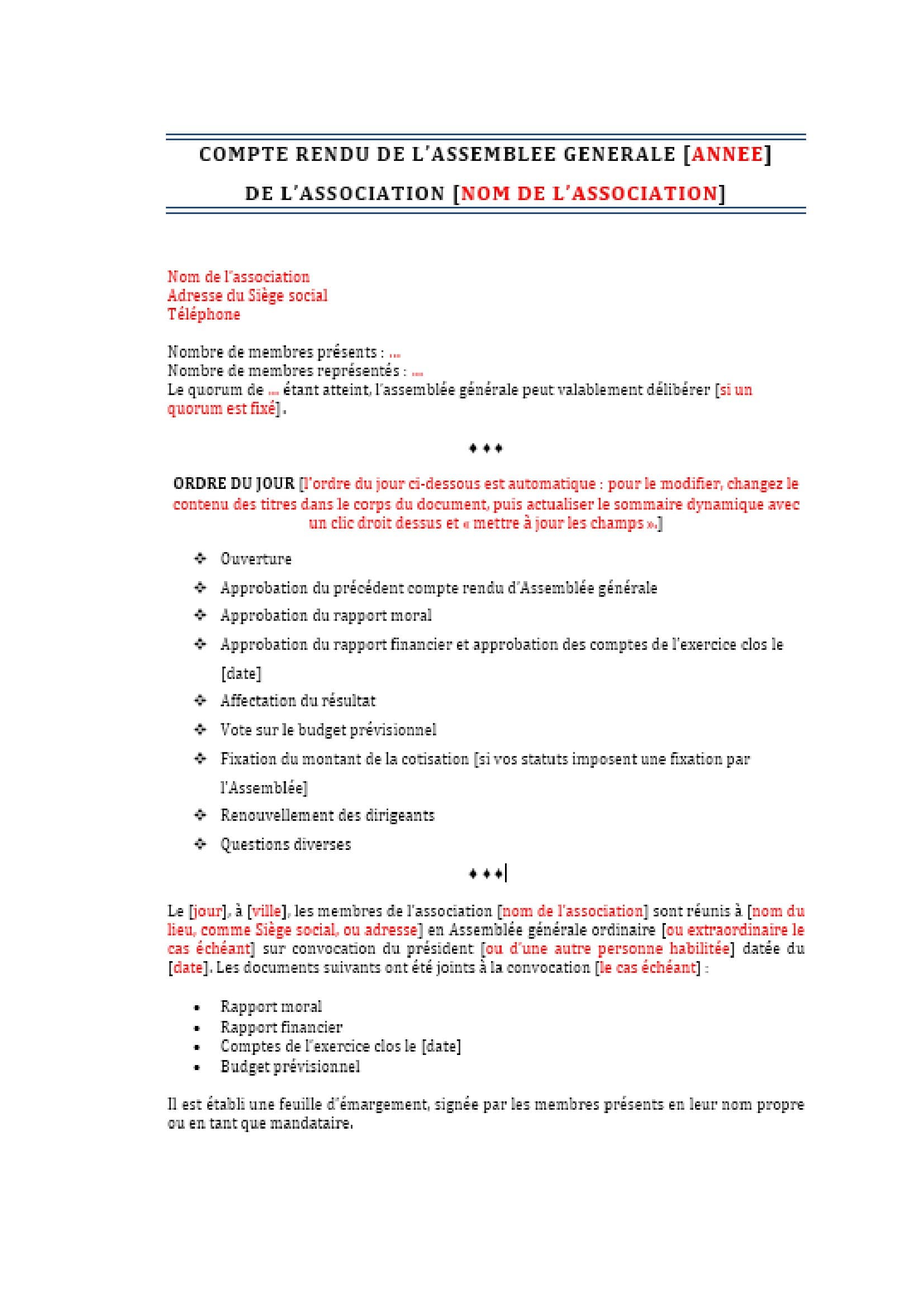 Modele compte rendu assemblée generale d'association