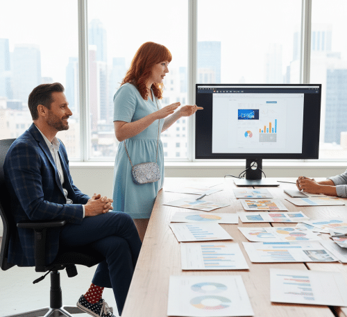 Deux professionnels de la communication réfléchissent à une publicité. 