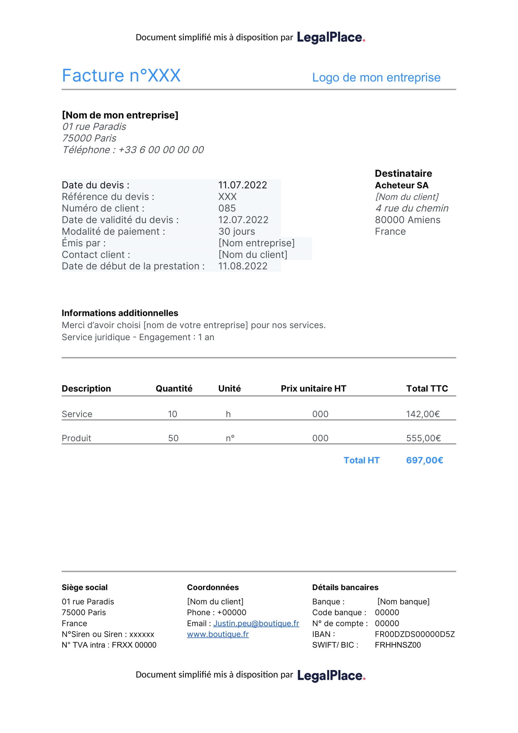 Modèle facture sans tva 