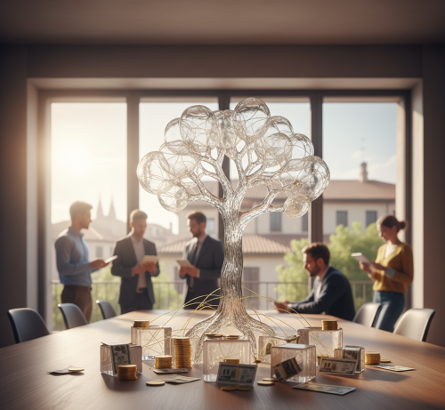 Personnes dans un bureau en fond avec un arbre transparent au milieu au premier plan et des racines qui symbolisent une holding et ses filiales
