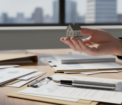 Une main tient une maison au dessus du bureau d'un agent immobilier. 