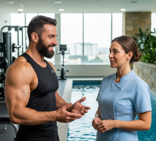 un coach de sport parle avec une responsable de spa