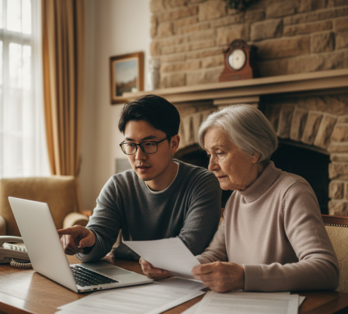 un jeune homme est en train de conseiller une personne âgée 